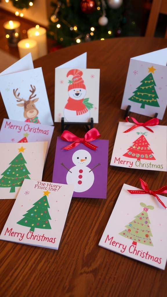A variety of cute handmade Christmas cards with festive designs on a wooden table.